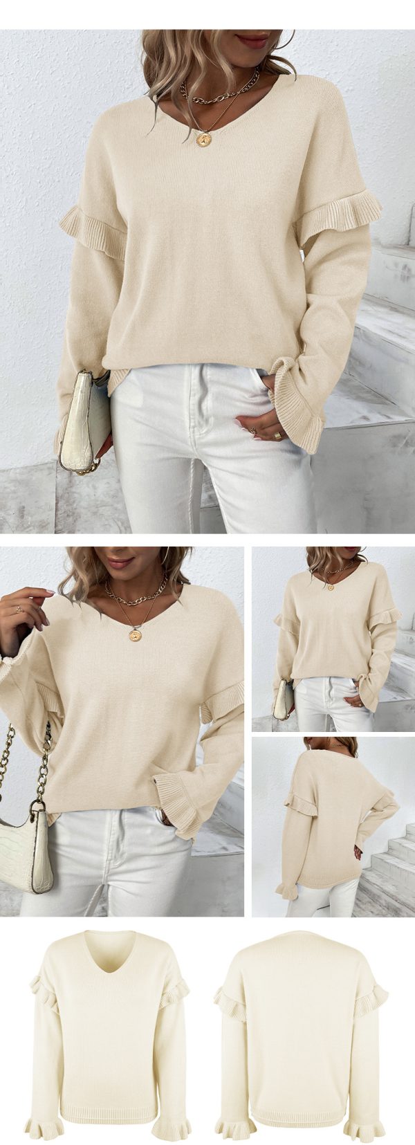 Solid Color V-neck Petal Sleeve Sweater for Women