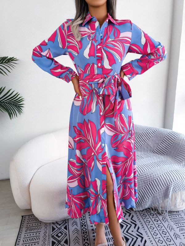 Contrast Color Floral Collared Tied Maxi Shirt Dress