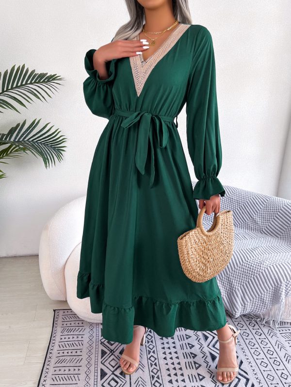 V-Neck Lace Waist-Trimming Ruffles Maxi Dress