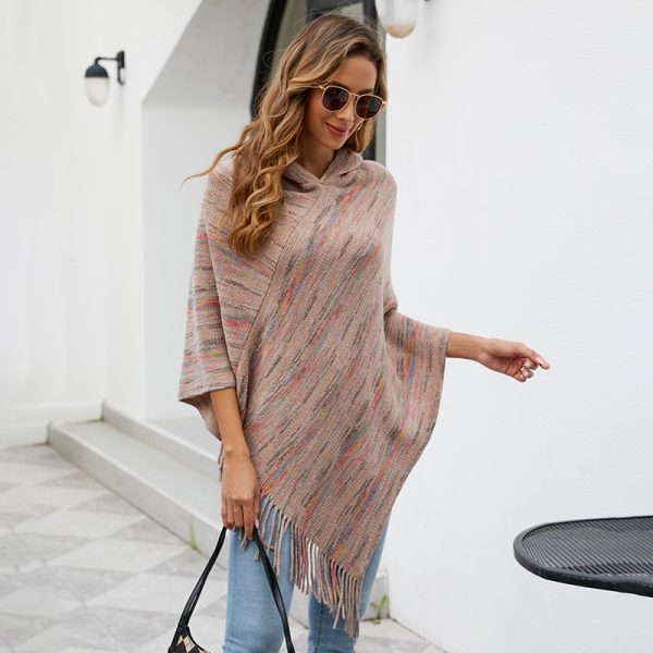 Hooded Striped Tassel Cape Autumn Winter Shawl