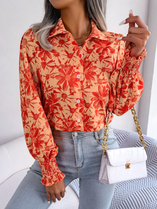 Casual Floral Collared Shirt with Lantern Sleeves