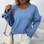 Solid Color V-neck Petal Sleeve Sweater for Women