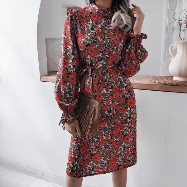 Floral Lantern Sleeve Chiffon Dress