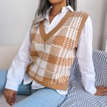 Autumn Winter Casual Color Contrast Check Knitted Vest Sweater Vest Women Clothing