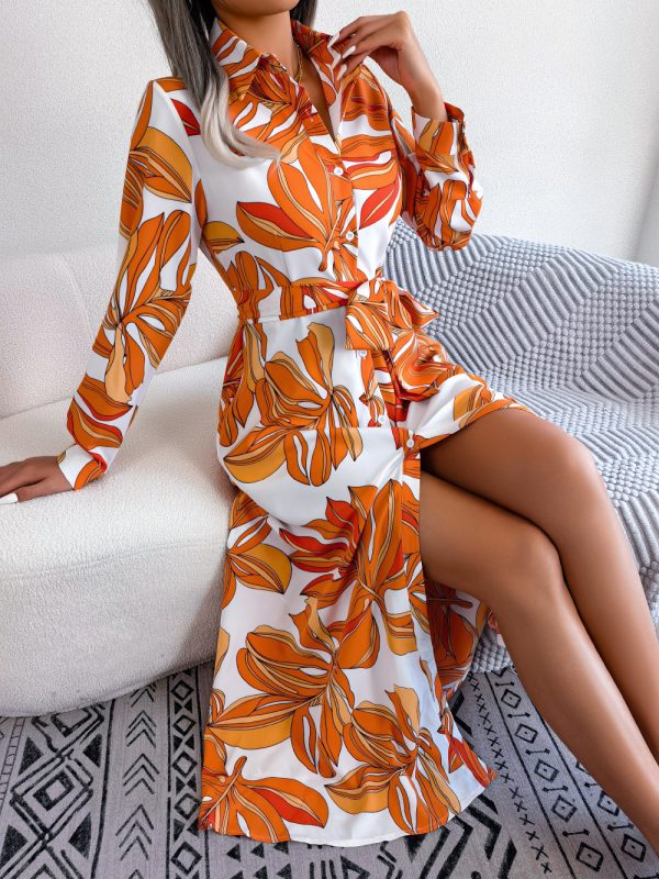 Contrast Color Floral Collared Tied Maxi Shirt Dress