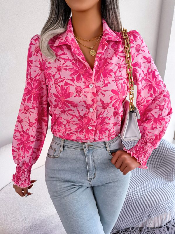 Casual Floral Collared Shirt with Lantern Sleeves