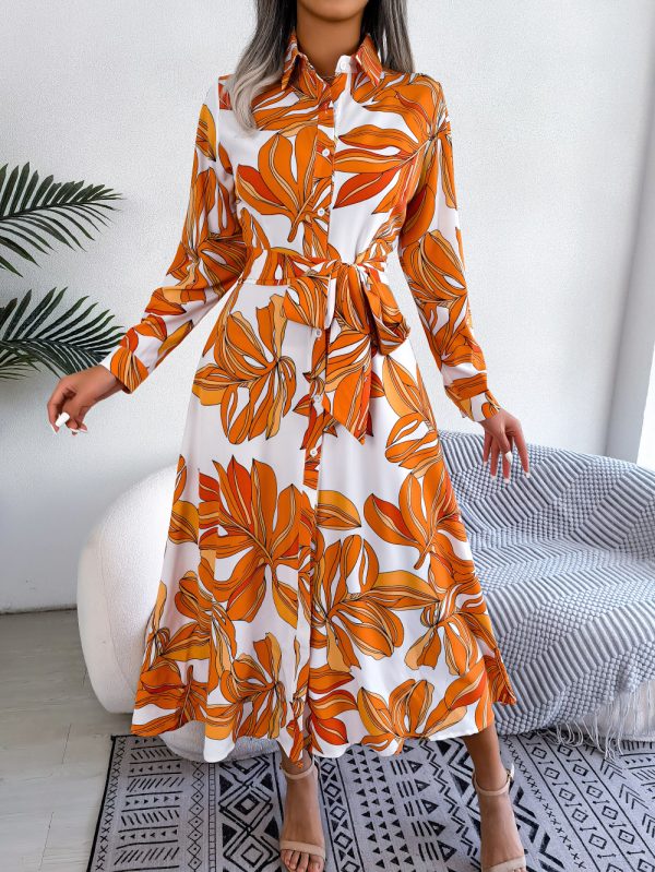 Contrast Color Floral Collared Tied Maxi Shirt Dress