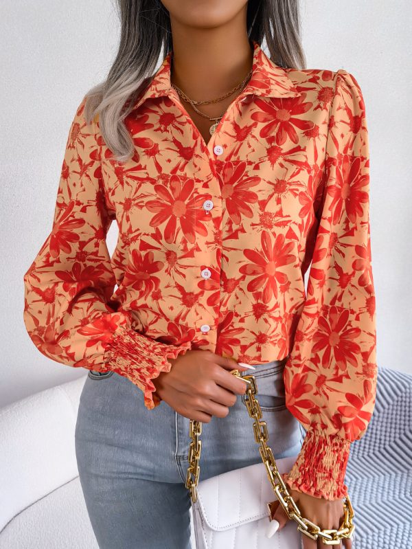 Casual Floral Collared Shirt with Lantern Sleeves