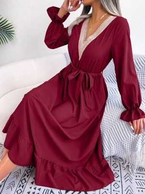 V-Neck Lace Waist-Trimming Ruffles Maxi Dress