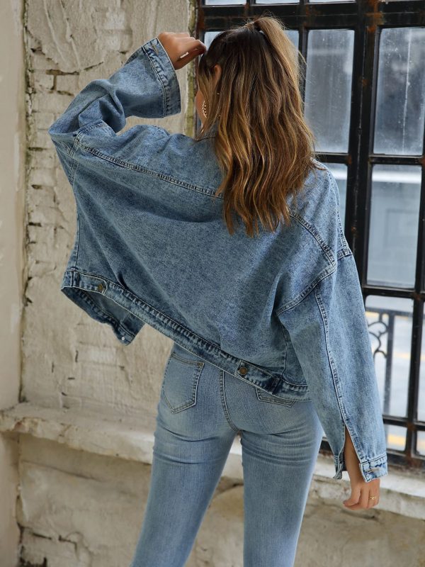 Fried Floral Water Blue Short Loose Casual Denim Coat Jacket