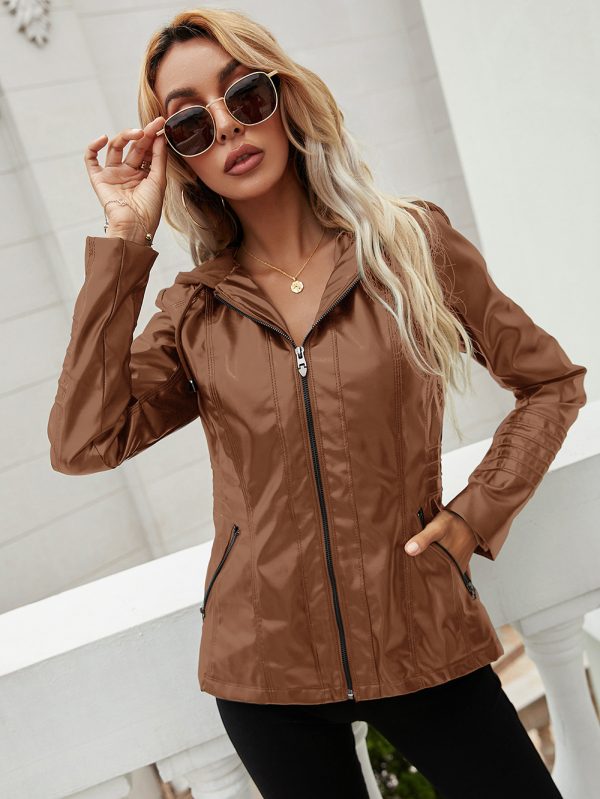 Hooded Zipper Leather Jacket Coat