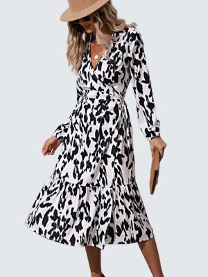 Printed V-Neck Slit Long Sleeve Dress