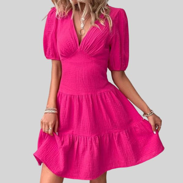 Rose Red Cinched Waist Big Swing Dress with Ruffled Details