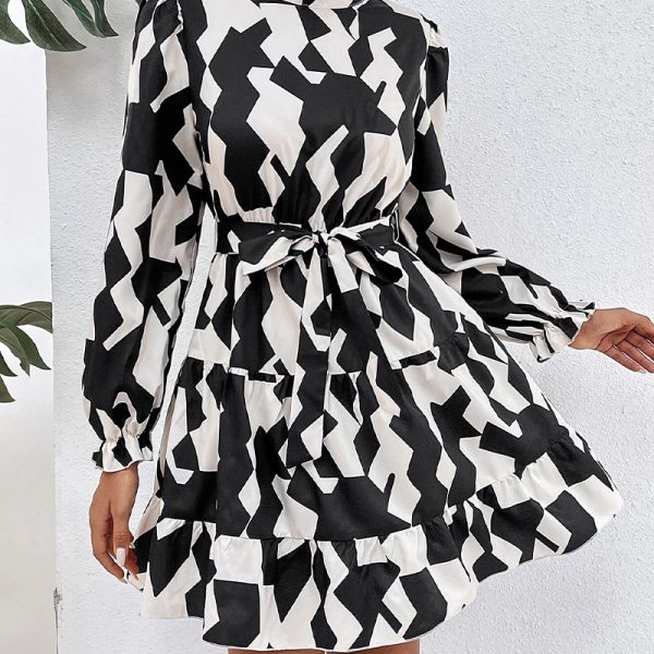 Geometric Abstract Print Long Sleeve Slim Dress for Autumn