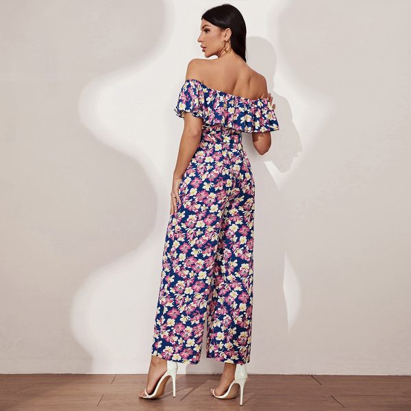 Ruffles Off-Shoulder Jumpsuit with Lace-Up Waist