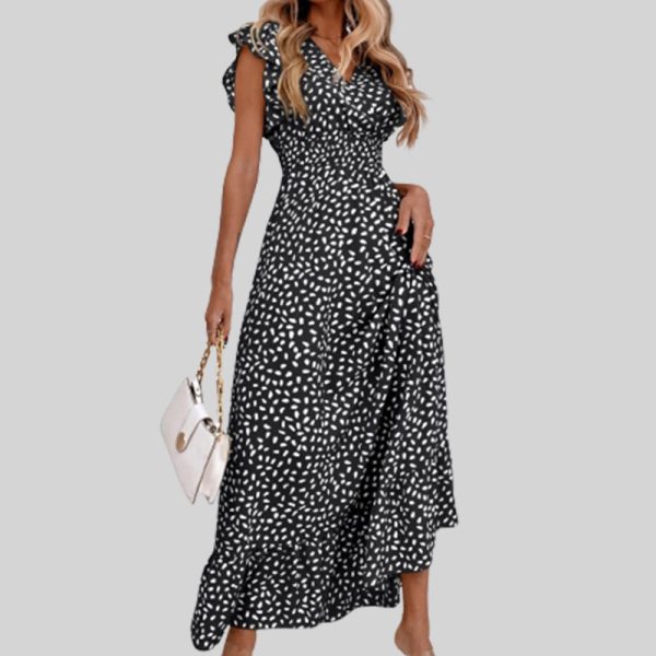 Printed V-Neck Tight Waist Slim Beach Dress for Women