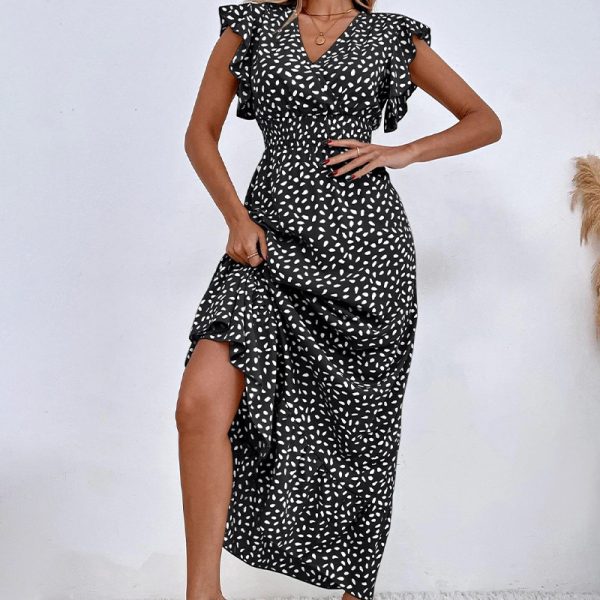 Printed V-Neck Tight Waist Slim Beach Dress for Women