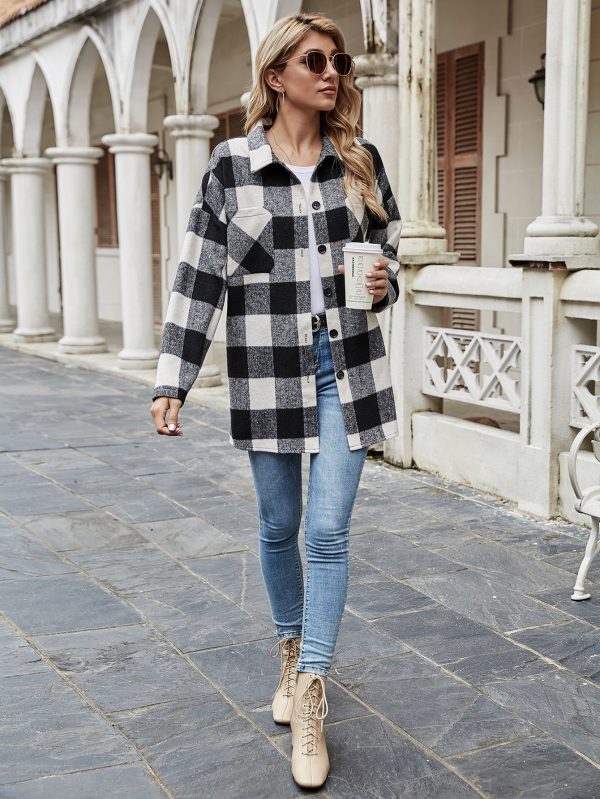 Polo Collar Plaid Loose Casual Jacket for Women
