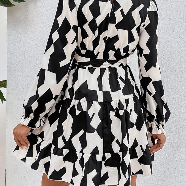 Geometric Abstract Print Long Sleeve Slim Dress for Autumn