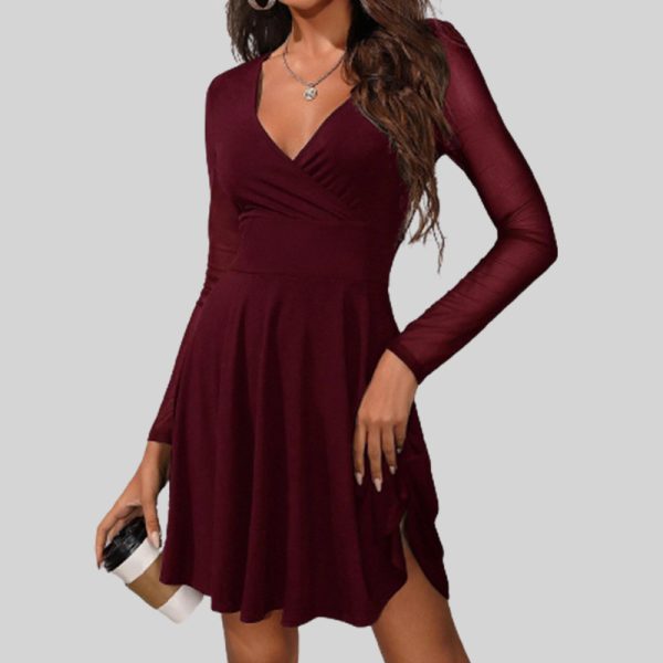 Elegant Mesh Stitching Long Sleeve Short Dress