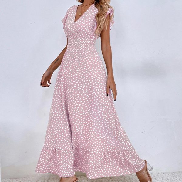 Printed V-Neck Tight Waist Slim Beach Dress for Women