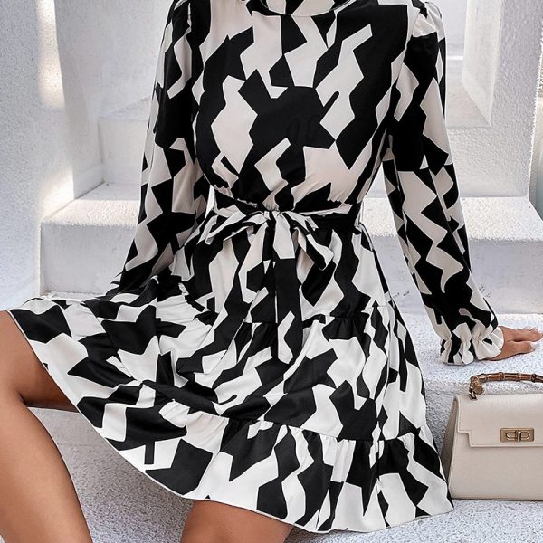 Geometric Abstract Print Long Sleeve Slim Dress for Autumn