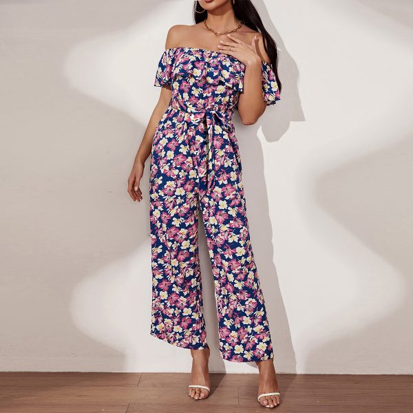 Ruffles Off-Shoulder Jumpsuit with Lace-Up Waist