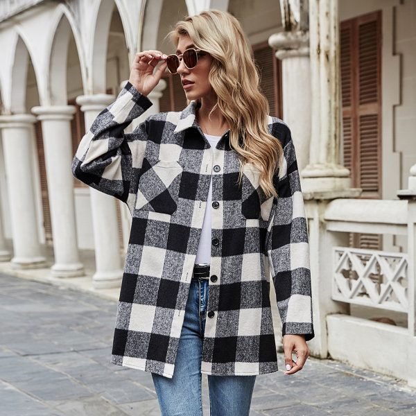 Polo Collar Plaid Loose Casual Jacket for Women