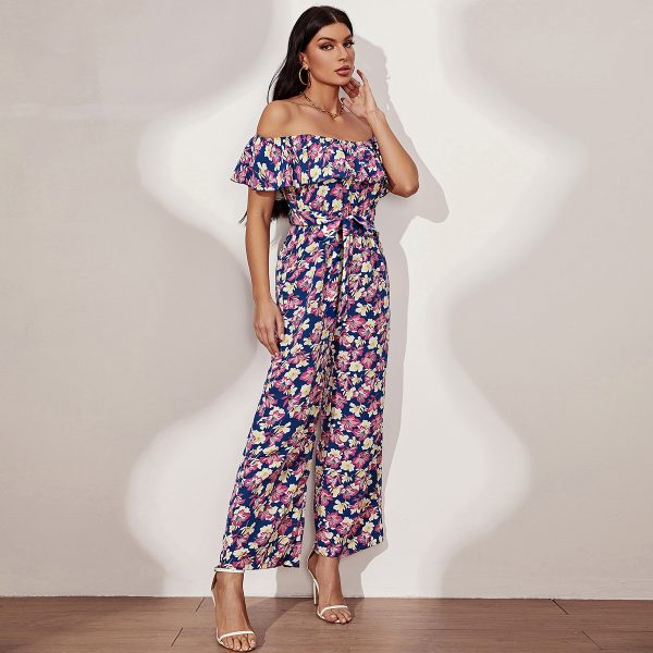 Ruffles Off-Shoulder Jumpsuit with Lace-Up Waist