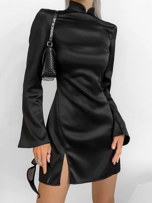 Chinese Stand-up Collar Black Slim Fit Dress