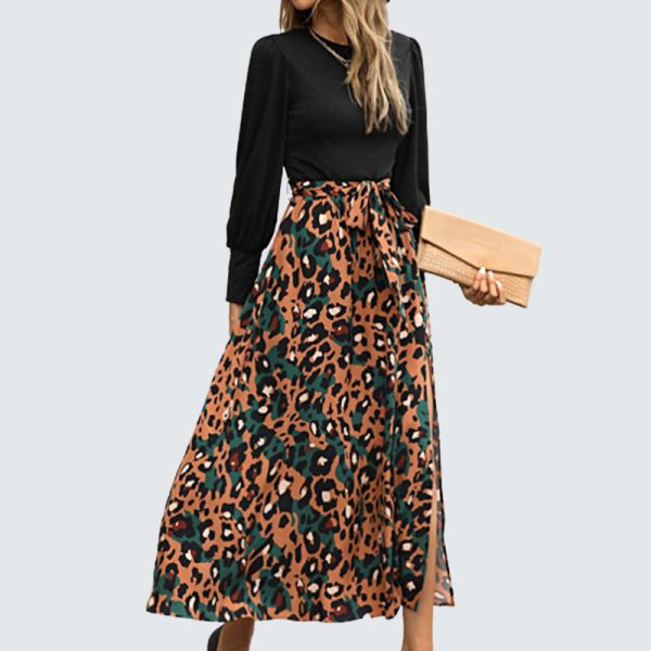 Split Printed Wrap Chest Mid-Length Dress