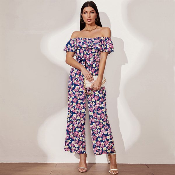 Ruffles Off-Shoulder Jumpsuit with Lace-Up Waist