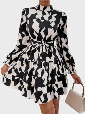 Geometric Abstract Print Long Sleeve Slim Dress for Autumn