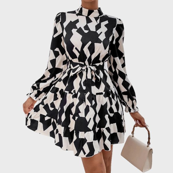 Geometric Abstract Print Long Sleeve Slim Dress for Autumn