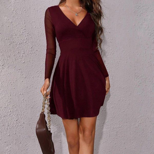 Elegant Mesh Stitching Long Sleeve Short Dress