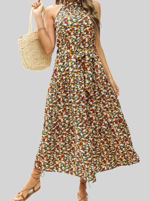 Printed Halter High Waist Slim Beach Dress for Women