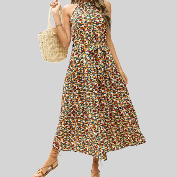 Printed Halter High Waist Slim Beach Dress for Women