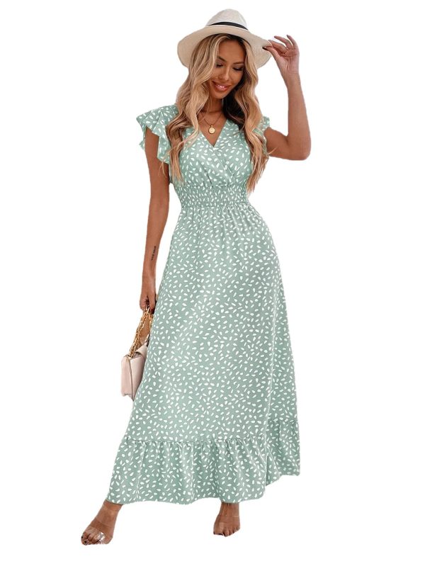 Printed V-Neck Tight Waist Slim Beach Dress for Women