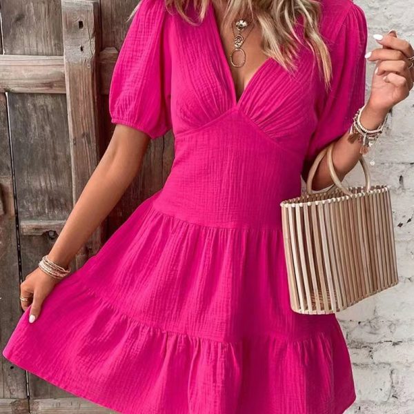 Rose Red Cinched Waist Big Swing Dress with Ruffled Details