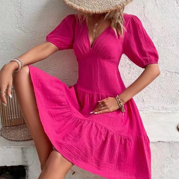 Rose Red Cinched Waist Big Swing Dress with Ruffled Details