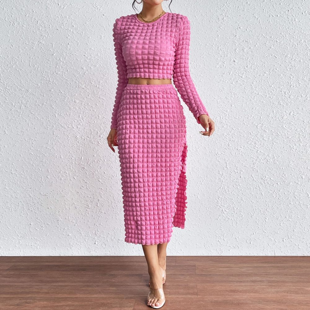 Slim Long Sleeve Round Neck Top & Split Skirt Set