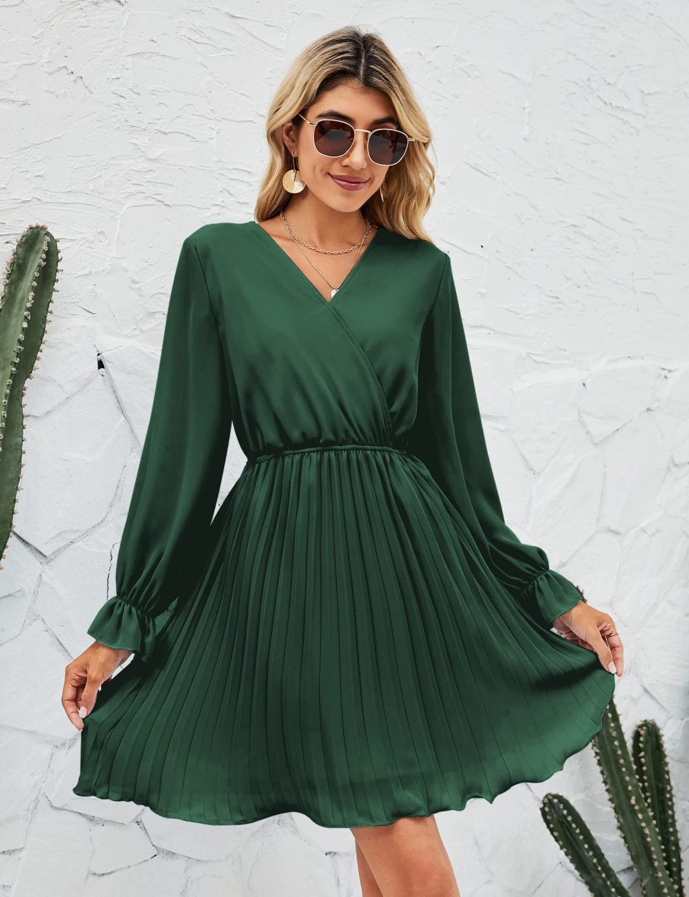 V-Neck Pleated Long Sleeve Mini Dress for Wedding Guests