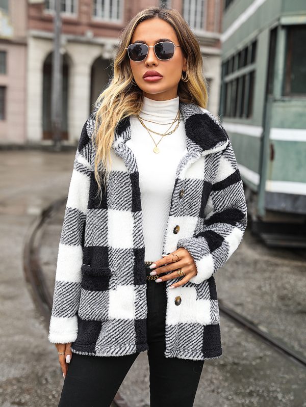 Collared Plaid Single-Breasted Plush Jacket for Autumn/Winter