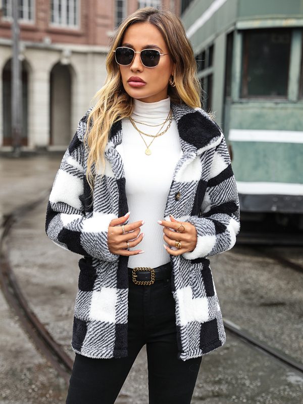 Collared Plaid Single-Breasted Plush Jacket for Autumn/Winter