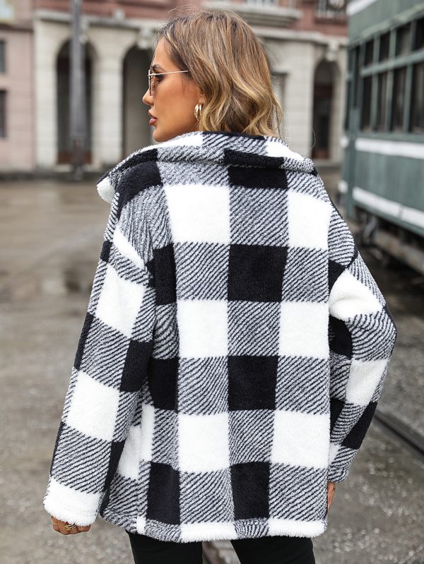 Collared Plaid Single-Breasted Plush Jacket for Autumn/Winter