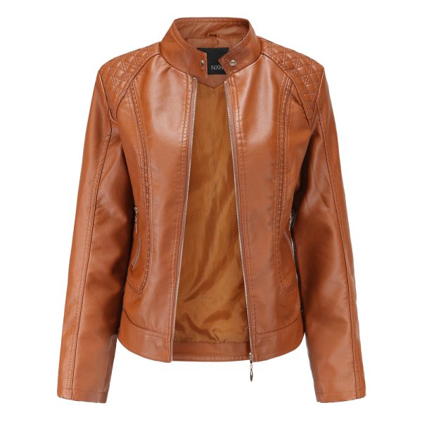 Stand Collar Faux Leather Jacket for Women