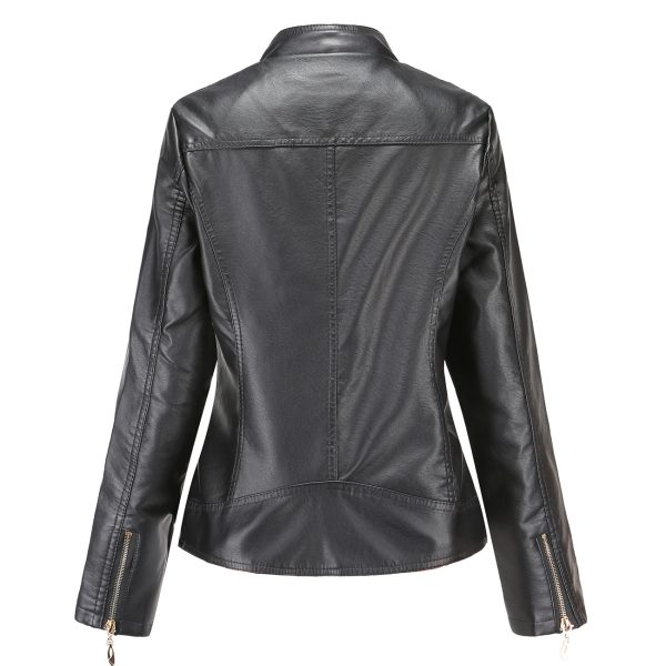 Stand Collar Faux Leather Jacket for Women