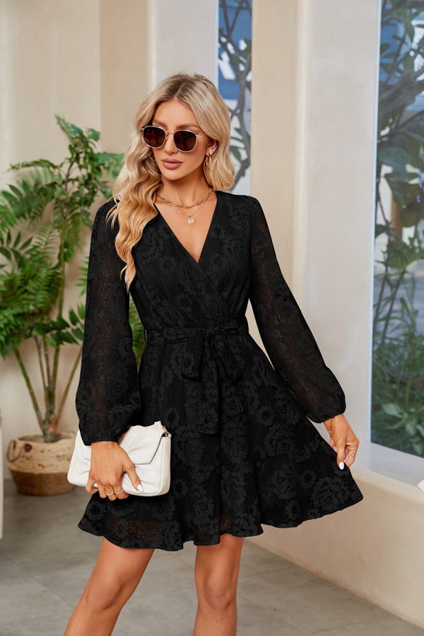 Lace V-Neck Wedding Guest Dress with Long Sleeves, Waist Belt, and Pleated Hem