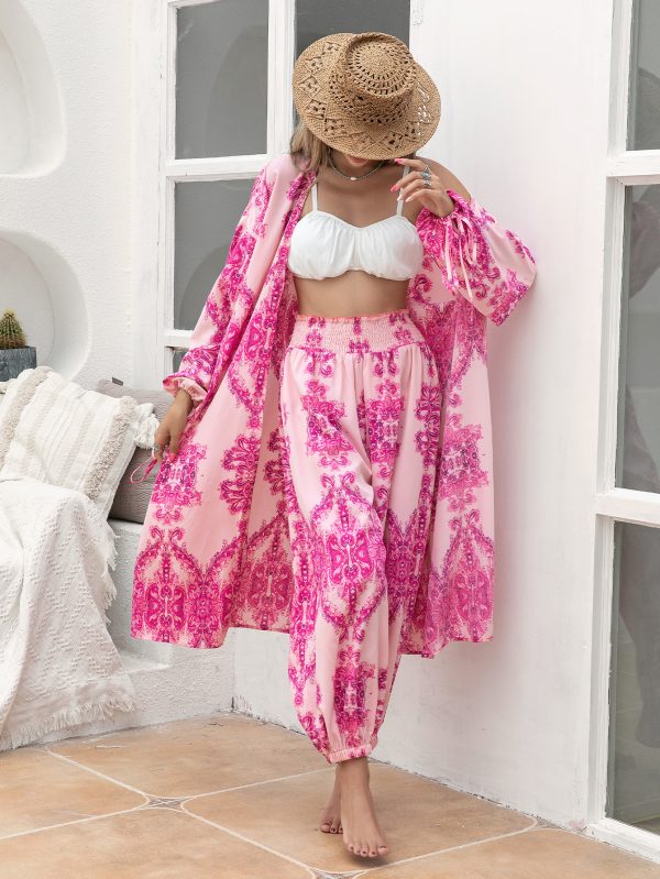 Rose Red Polyester Shawl Shirt and Kimono Pants Suit