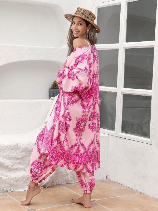 Rose Red Polyester Shawl Shirt and Kimono Pants Suit